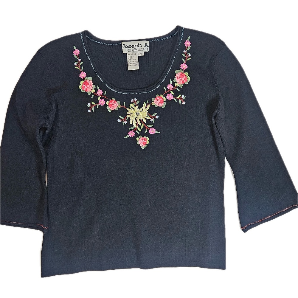 Joseph A. Sweater Womens XL Black Knit Floral Embroidered 3/4 Sleeve‎ Scoop Neck